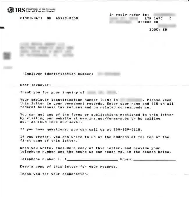 IRS 147C letter confirming an Employer Identification Number (EIN), sent from Cincinnati, OH, providing instructions for taxpayers on using and referencing their EIN for federal business tax returns and correspondence.