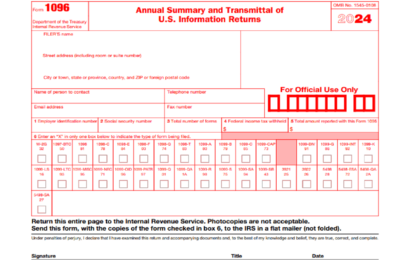 IRS Form 1096 for 2024 - Annual Summary and Transmittal of U.S. Information Returns, showing fields for filer information and form types.