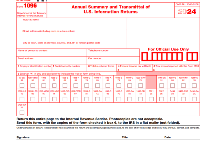 IRS Form 1096 for 2024 - Annual Summary and Transmittal of U.S. Information Returns, showing fields for filer information and form types.