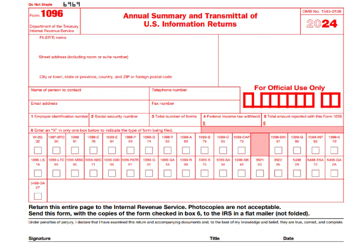 IRS Form 1096 for 2024 - Annual Summary and Transmittal of U.S. Information Returns, showing fields for filer information and form types.