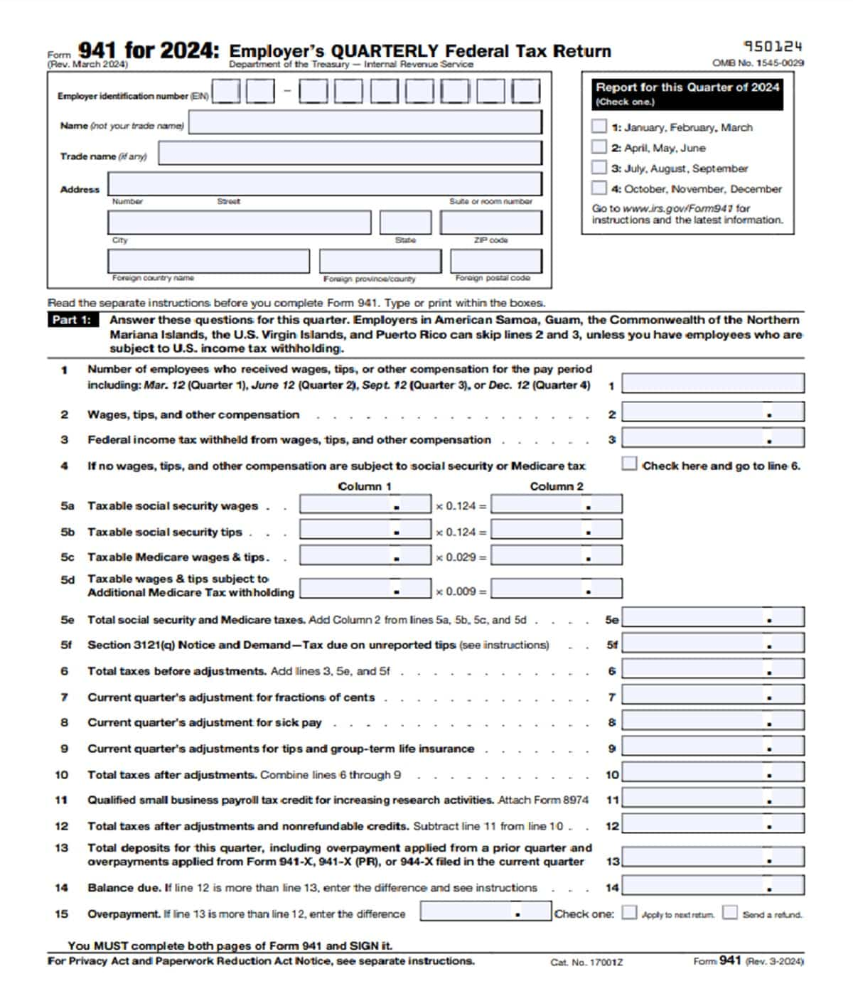 Formulario 941 del IRS para 2024: Employer's Quarterly Federal Tax Return (Declaración trimestral de impuestos federales del empleador). El formulario es utilizado por los empleadores para reportar salarios, propinas, impuestos retenidos e impuestos de seguridad social/Medicare para el trimestre. También incluye secciones para ajustes, créditos fiscales y detalles de saldos adeudados o pagos en exceso.