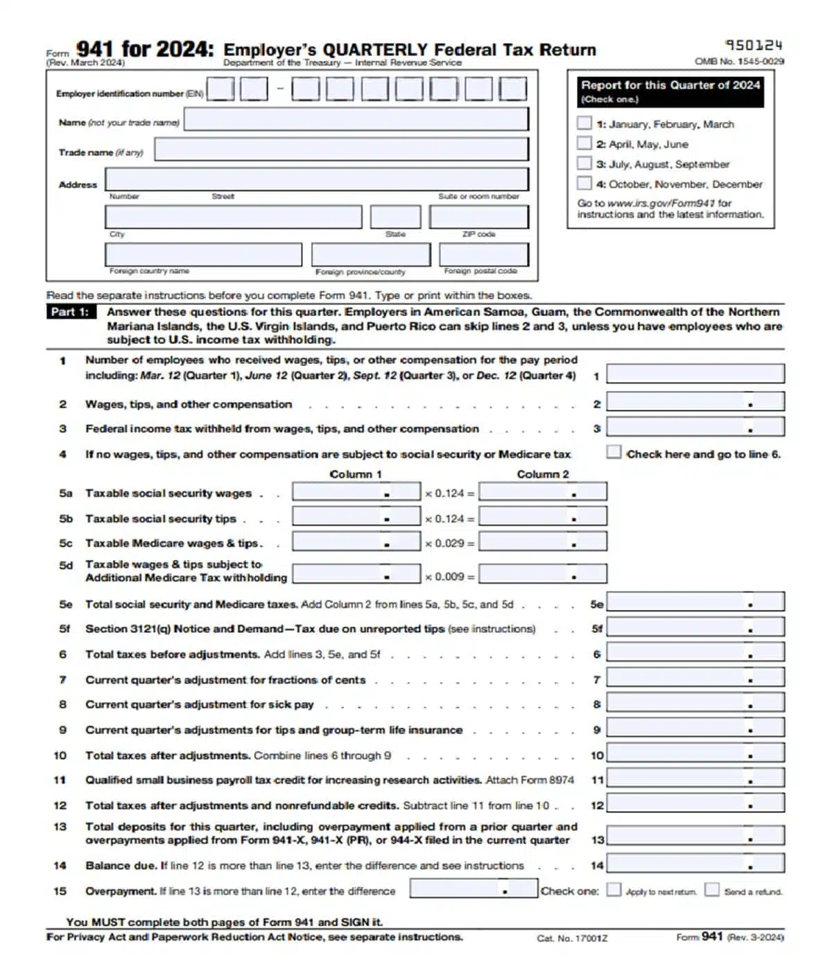 Formulaire 941 de l'IRS pour 2024 : Employer's Quarterly Federal Tax Return (Déclaration trimestrielle d'impôt fédéral de l'employeur). Ce formulaire est utilisé par les employeurs pour déclarer les salaires, les pourboires, les impôts retenus et les impôts de sécurité sociale/Medicare pour le trimestre. Il comprend également des sections pour les ajustements, les crédits d'impôt et les détails du solde dû ou du trop-perçu.