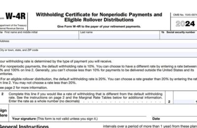 IRS Form W-4R for 2024, used to specify withholding rates for nonperiodic payments and eligible rollover distributions from retirement accounts.