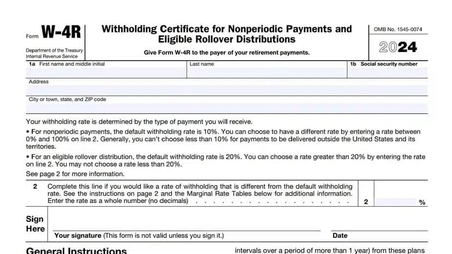 Formulario W-4R del IRS para 2024, utilizado para especificar los tipos de retención para pagos no periódicos y distribuciones de reinversión admisibles de cuentas de jubilación.