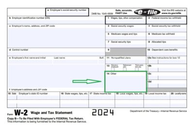 A 2024 W-2 Wage and Tax Statement form with box 14 "Other" highlighted by a green arrow, emphasizing where various codes and additional information would be listed. This box is crucial for reporting specific payments or benefits not covered in other sections of the W-2 form.