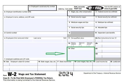 A 2024 W-2 Wage and Tax Statement form with box 14 "Other" highlighted by a green arrow, emphasizing where various codes and additional information would be listed. This box is crucial for reporting specific payments or benefits not covered in other sections of the W-2 form.