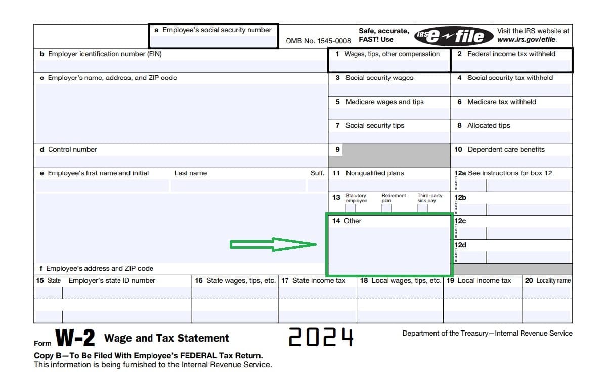 A 2024 W-2 Wage and Tax Statement form with box 14 "Other" highlighted by a green arrow, emphasizing where various codes and additional information would be listed. This box is crucial for reporting specific payments or benefits not covered in other sections of the W-2 form.