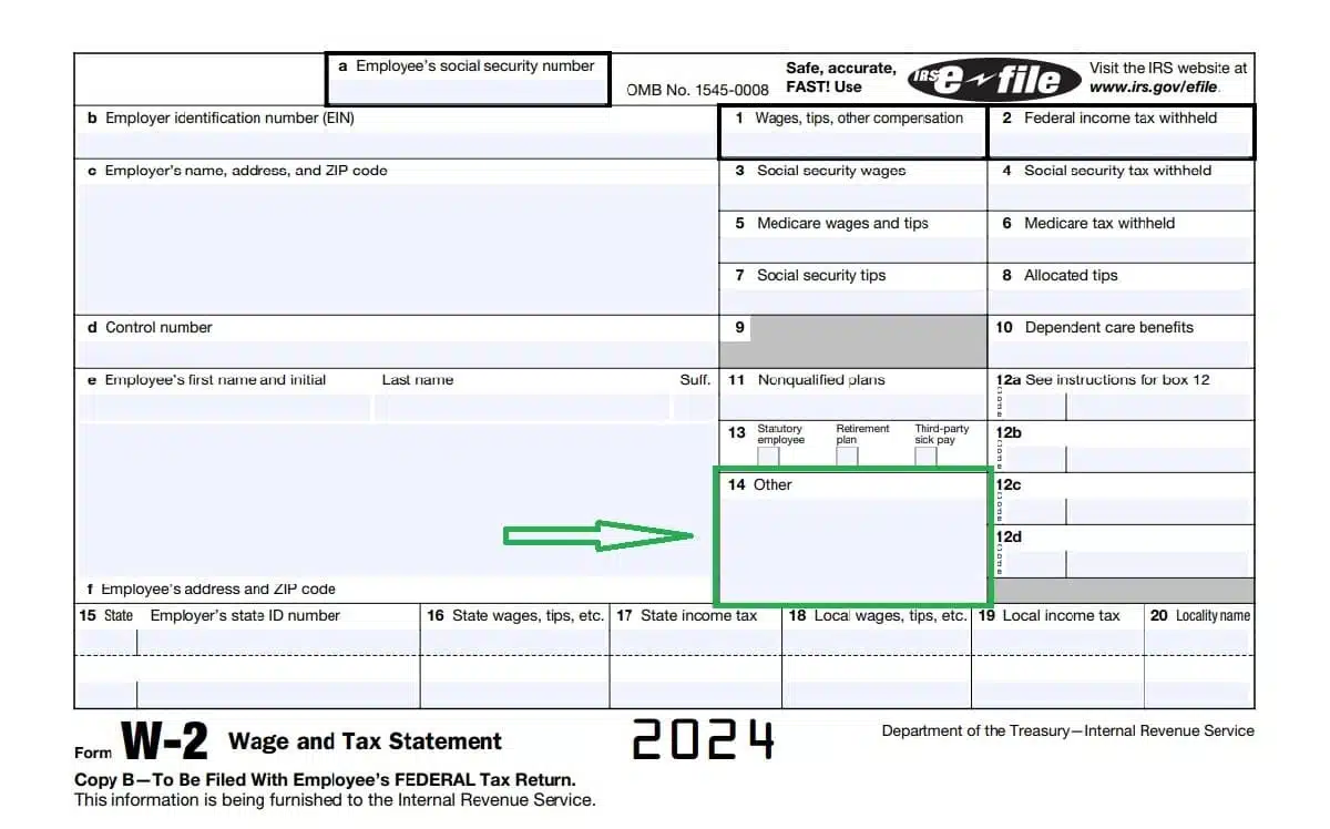 A 2024 W-2 Wage and Tax Statement form with box 14 "Other" highlighted by a green arrow, emphasizing where various codes and additional information would be listed. This box is crucial for reporting specific payments or benefits not covered in other sections of the W-2 form.