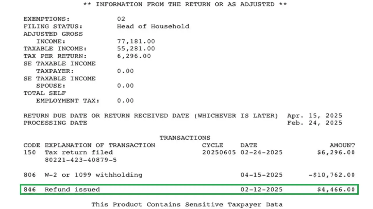 IRS Code 846 shown on a tax transcript with refund issued date and refund amount.