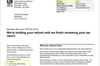 IRS CP05 Notice example for 2018 tax return, showing refund hold during review. Details income, withholding, credits, and business income verification.