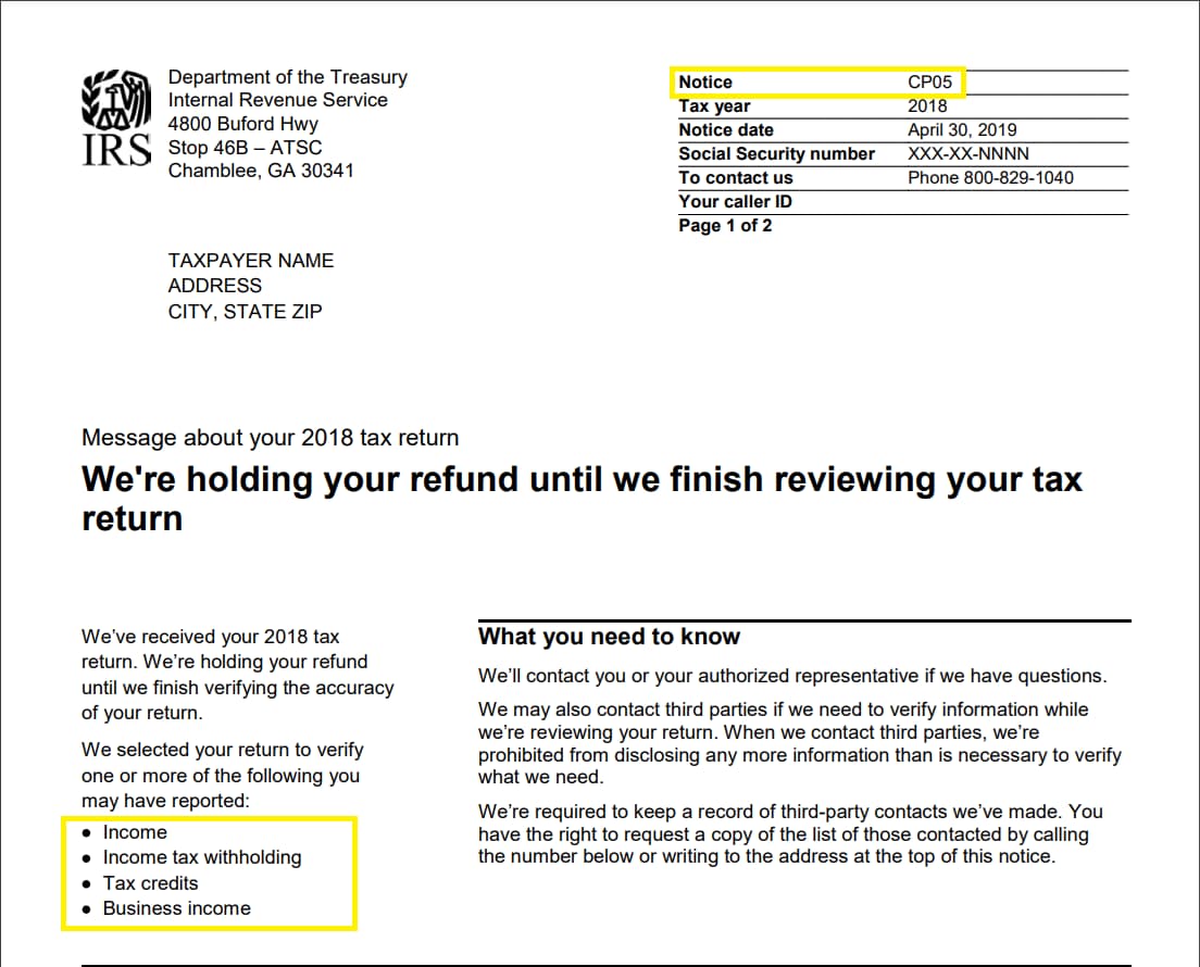 IRS CP05 Notice example for 2018 tax return, showing refund hold during review. Details income, withholding, credits, and business income verification.