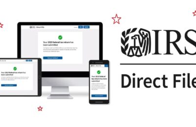 IRS Direct File service shown on multiple devices - computer, tablet, and smartphone - displaying tax return submission confirmation screens with the IRS logo.