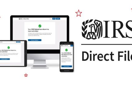 IRS Direct File service shown on multiple devices - computer, tablet, and smartphone - displaying tax return submission confirmation screens with the IRS logo.