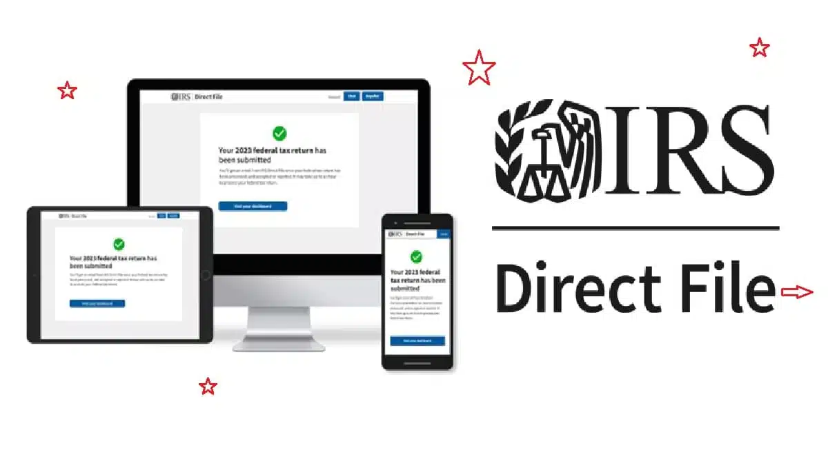 IRS Direct File service shown on multiple devices - computer, tablet, and smartphone - displaying tax return submission confirmation screens with the IRS logo.